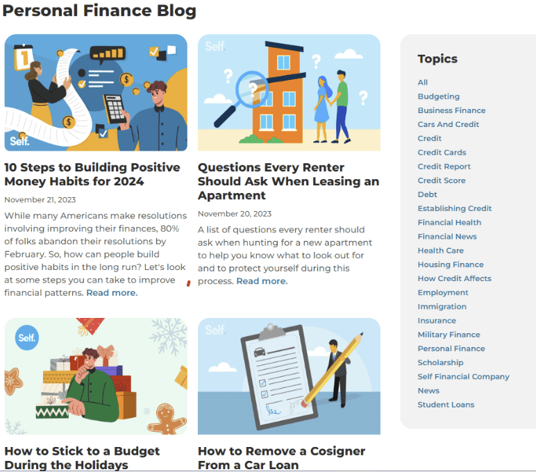 Snapshot of Self Financial's personal finance blog